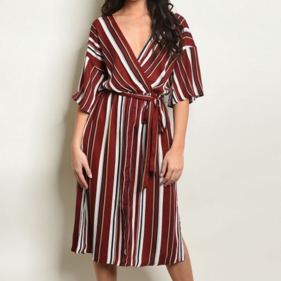 Final Sale Maroon Stripe Wrap Dress - Picture 3 of 4